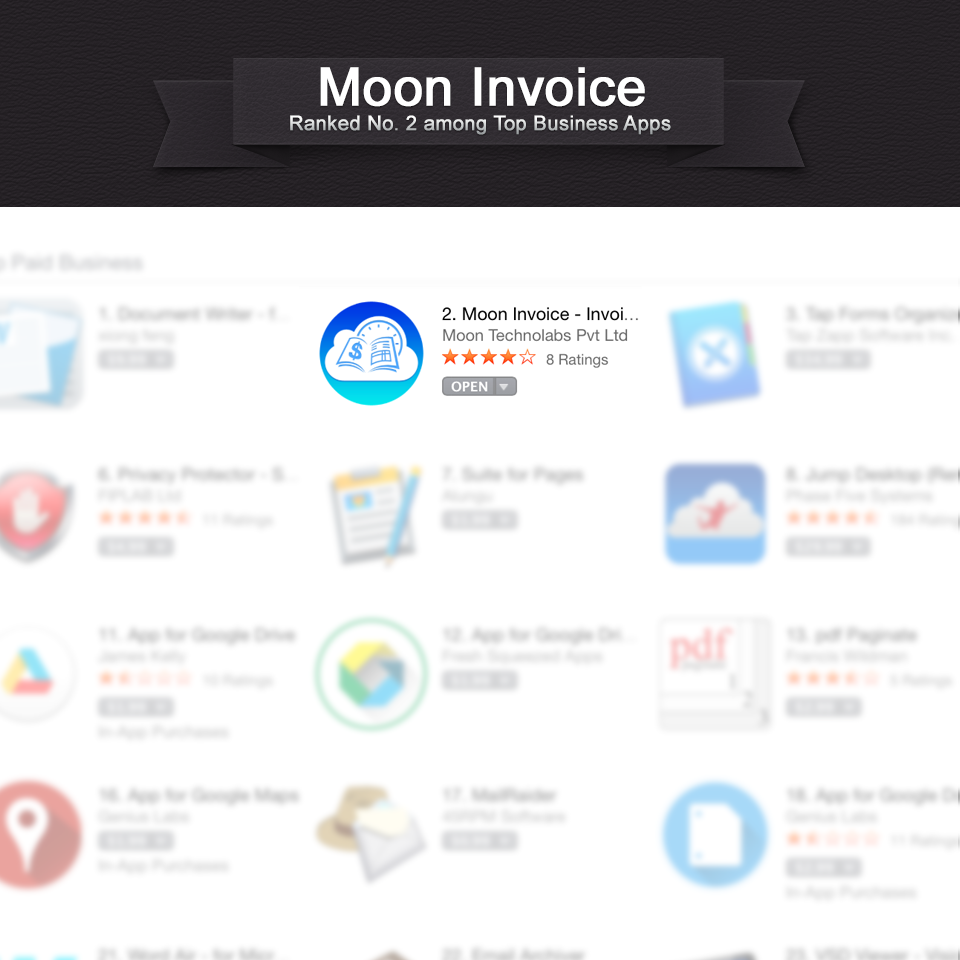 Moon invoice for Mac OSX reaches 2nd position in App store in just Couple of weeks